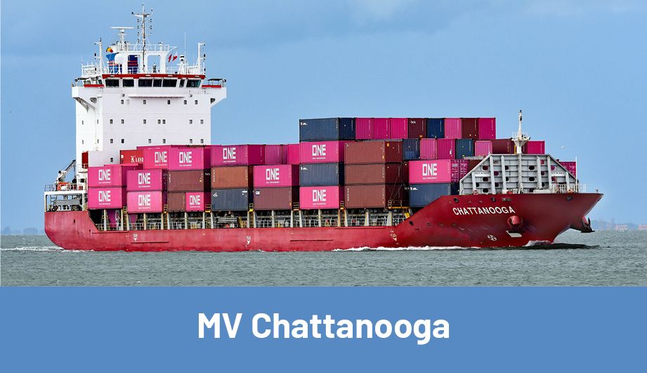 The Chattanooga Motor Vessel on the Sea with blue sky, loaded with many containers