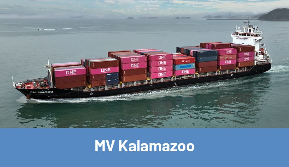 The Kalamazoo Motor Vessel on the grayish Sea, loaded with many containers